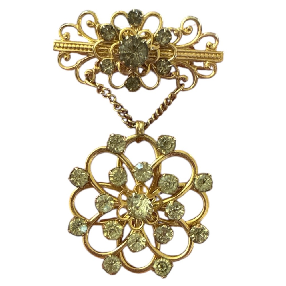 Gold and Clear Rhinestone Floral Chain Brooch